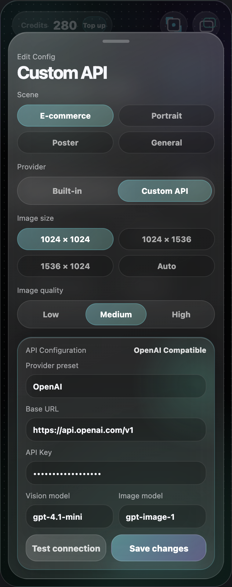 FrameCue custom API configuration panel